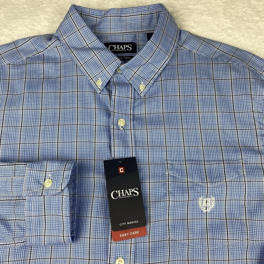 CHAPS Shirt Mens Large Blue Plaid Easy Care Twill Regular Fit Long Sleeves NWT!